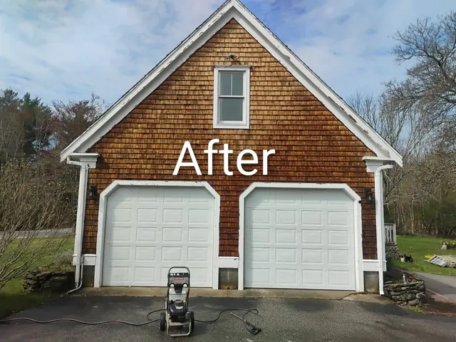 Cedar shingle garage, power washed, after