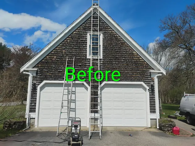 Cedar shingle garage, power washed, before